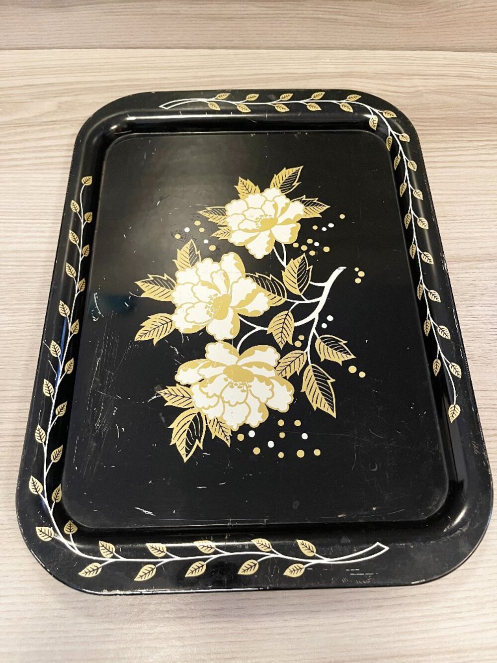 Vintage Black Gold White Floral Metal Serving Tray 16 x 11 Retro Cottagecore